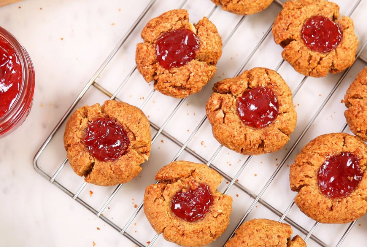 Fresh PB&J cookies with jam filling.