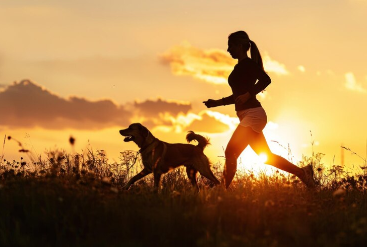 Woman running with dog in evening time